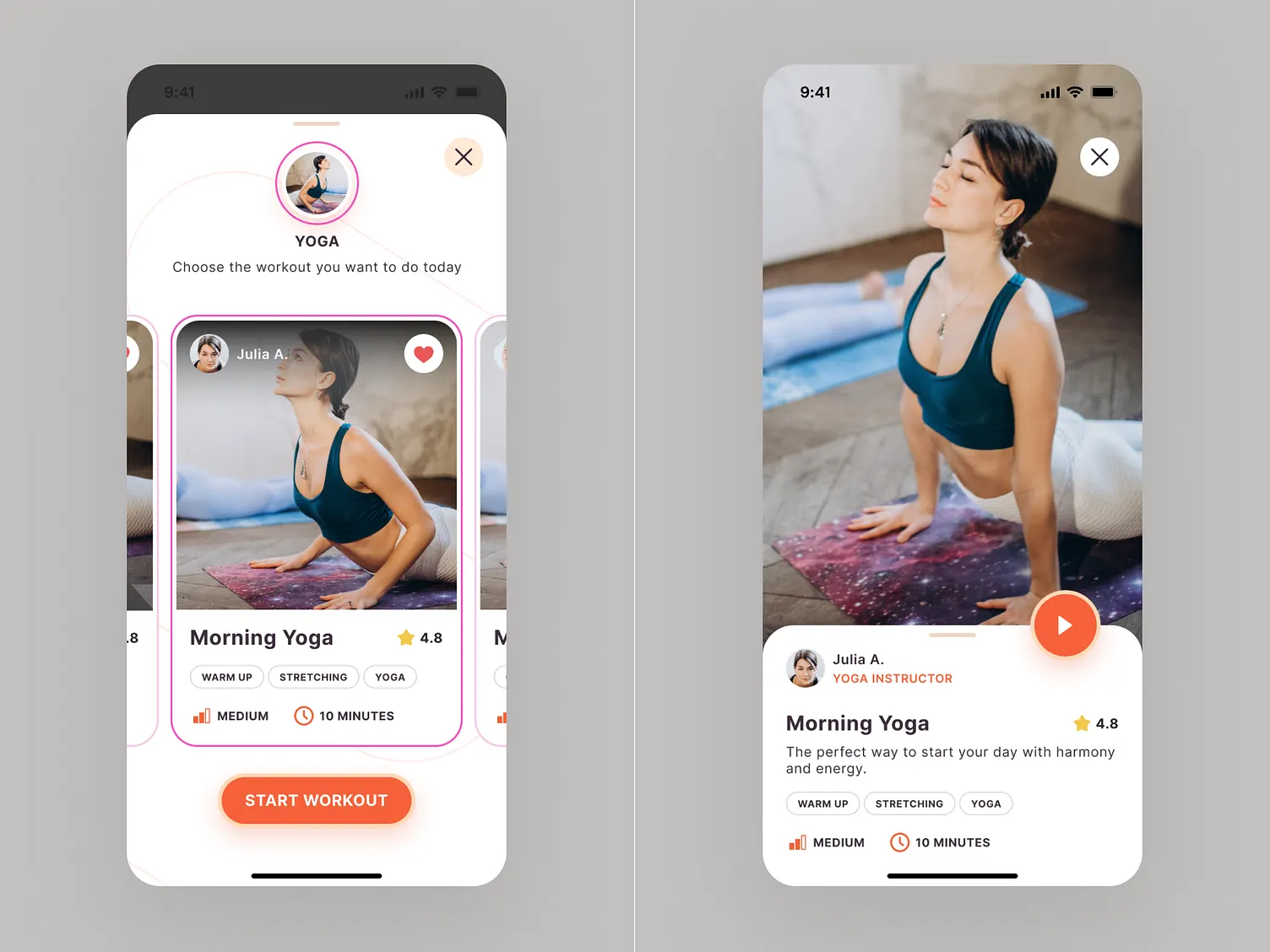Habit Hero App UX/UI design. Workout selection